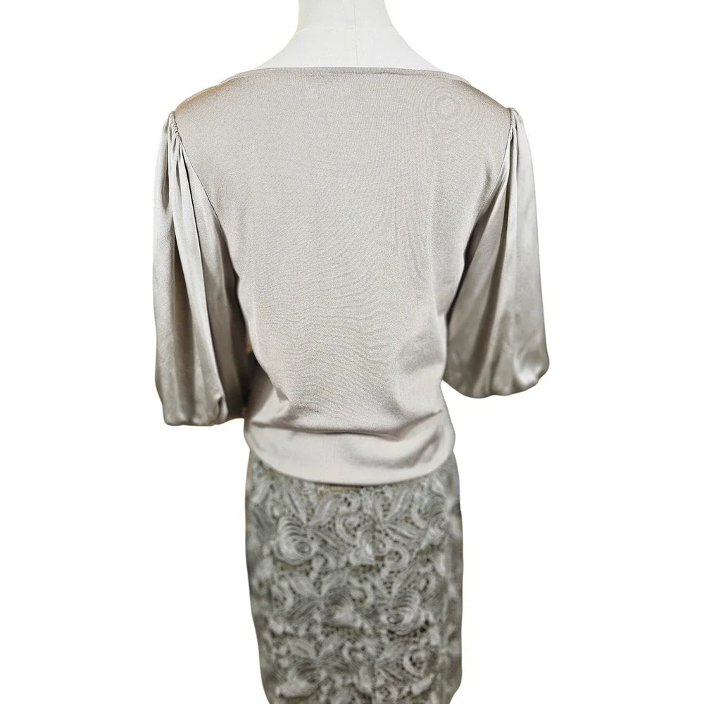 Carlisle Champagne Knit Top Silk Puff Sleeve & Metallic Lace Skirt Set Size L